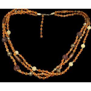 Vintage Bohemian Hippie Layered Necklace With Orange And Brown Tones